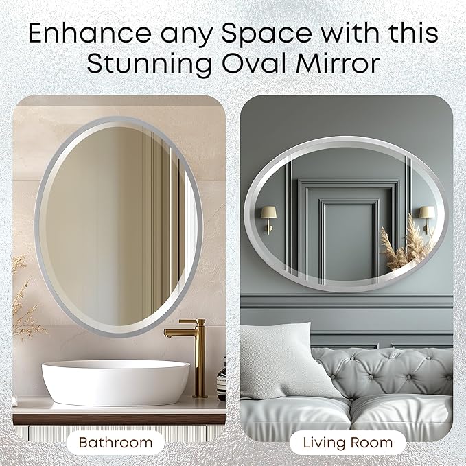 OVALCREST - Oval Wooden Beveled Wall Mirror for Home Decor, Bathroom, Vanity, Bedroom, Living Room, Hallway - London Style (Silver Spray) 21.1 x 31.1