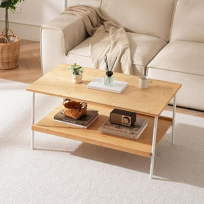 Coffee Table with 2 Tier Storage- Farmhouse Bamboo Coffee Tables, Mid Century Modern Center Table, Tea Tables for Living Room, Bedroom, Office, Patio (Natural)