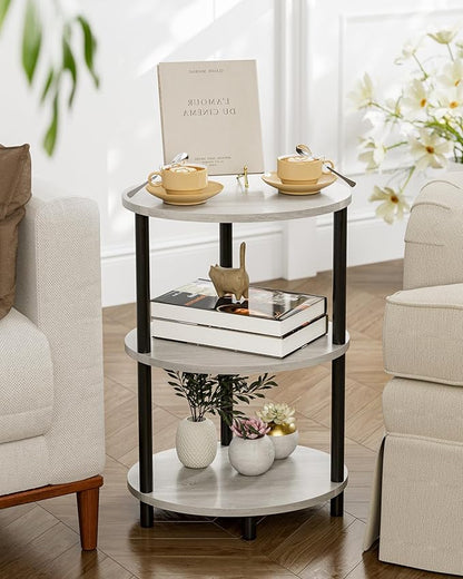 Small Round Side Table - 3-Tier Oval Accent Table for Small Spaces, Rustic Wood and Metal Couch End Table, Nightstand for Bedroom or End Table Living Room, Set of 2, Greige