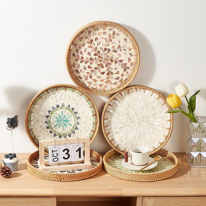 Round Rattan Tray with Mother of Pearl Inlay, Rattan Serving Tray with Wooden Base, Decorative Wicker Basket for Table Decor, Storage and Display of Coffee Bread Food Fruit (Wicker)