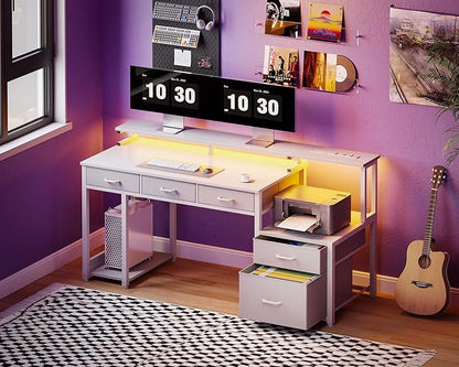 AODK 55 Inch Computer Desk with 3 Drawers and File Cabinet for Storage, Office Desk with Monitor Stand and LED Lights, Home Office Desks, White