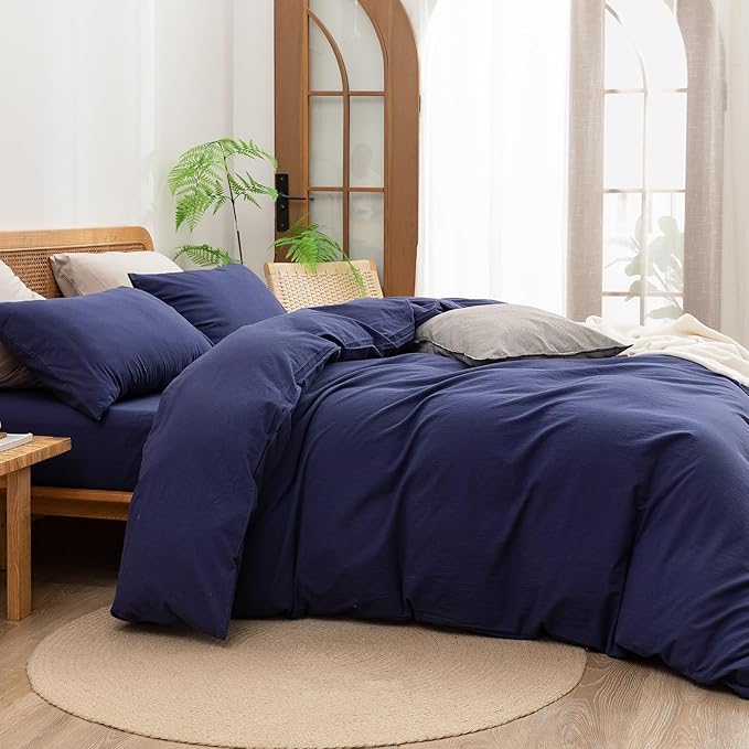 BESTOUCH Duvet Cover Set 100% Washed Cotton Linen Feel Super Soft Comfortable Chic Lightweight 2 PCs Home Bedding Set Solid Navy Blue Twin/Twin XL