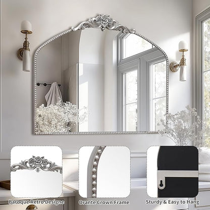 AIXI HOME Silver Arched Mirror, 40" x 30" Traditional Vintage Antique Mantel Mirror with Ornate Metal Frame, Baroque Wall Mounted Mirror for Entryway/Fireplace/Hallway/Bathroom/Living Room/Bedroom