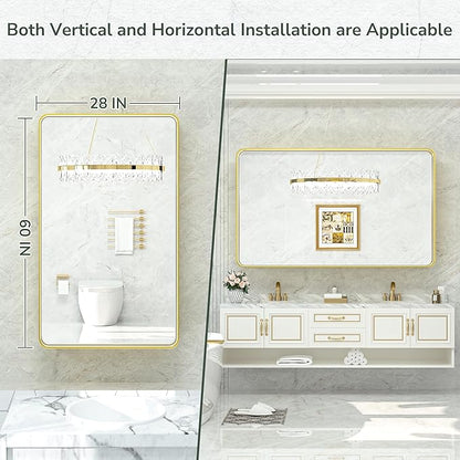 TokeShimi 60 x 28 Inch Brushed Gold Bathroom Vanity Mirror for Wall with Non-Rusting Aluminum Alloy Matte Metal Frame for Modern Farmhouse Home Decor (Horizontal/Vertical)
