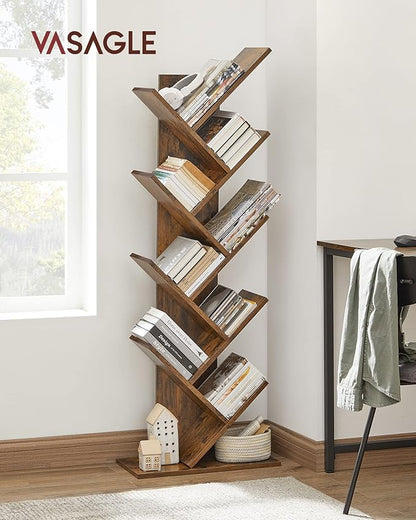 VASAGLE Bookshelf, Tree-Shaped Bookcase with 13 Storage Shelves, Rounded Corners & 9-Tier Floor Standing Tree Bookshelf, with Shelves for Living Room, Home Office, Rustic Brown ULBC11BX