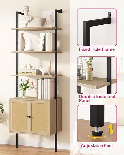 Yusong 73" Tall Bookshelf with Cabinet, Industrial Ladder Wall Mount Shelf Rattan Bookcase with Wood and Metal Frame, Plant Shelf Wall Storage Display for Living Room Bedroom,Light Ivory Brown