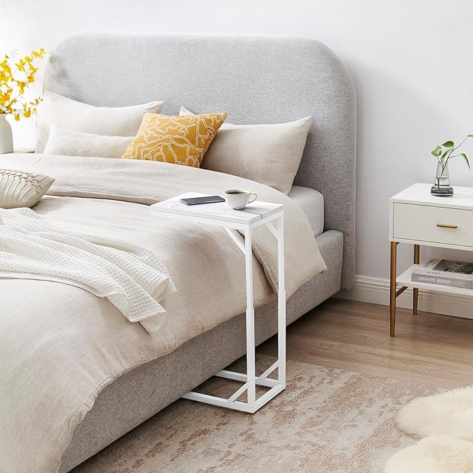 C-Shaped End Table, Small Sofa Table with Metal Frame, Adjustable Height Side Table for Couch, Living Room, Bedroom, Bedside (White, Large)
