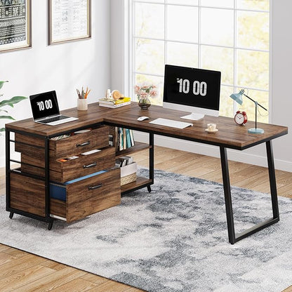 Tribesigns L-Shaped Computer Desk with 3 Drawers, Reversible Corner Home Office Desk with Shelves, 53-Inch Industrial PC Desk Study Writing Table Workstation for Small Space, Rustic Brown
