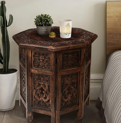 The Wooden Town End Tables for Living Room– Hand Carved Vintage Boho Folding Side Tables for Small Spaces, Entryway, Living Room, Bedroom – No Tools Assembly, 18"x18" Octagon, Scorch Burnt Finish