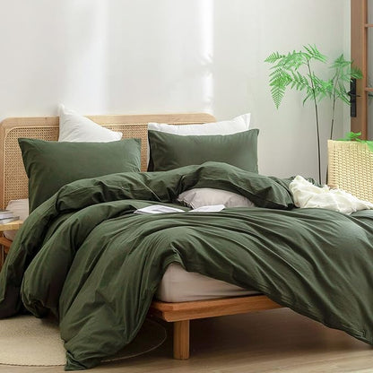 BESTOUCH Duvet Cover Set 100% Washed Cotton Linen Feel Super Soft Comfortable Chic Lightweight 3 PCs Home Bedding Set Solid Olive Green Super Queen