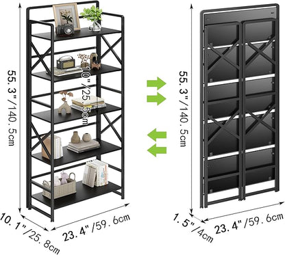 No Assembly Folding Bookshelf, 5 Tiers Vintage Wood Collapsible Book Shelf for Storage,Industrial Metal Foldable Bookcase Organizer for Living Room Bedroom Home Office (Black)
