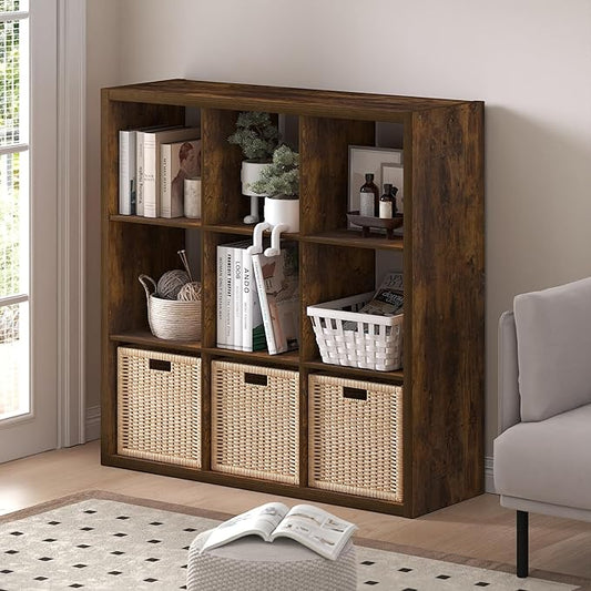 Furinno Cubicle Open Back Decorative Cube Storage Organizer, 9-Cube, Amber Pine