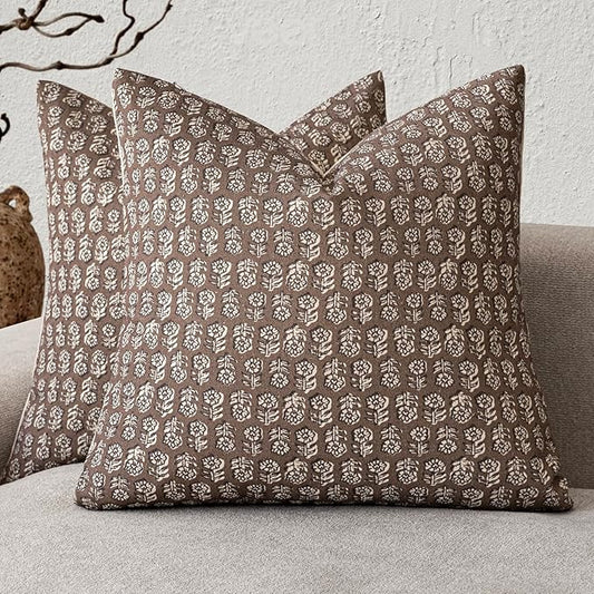 Foindtower Set of 2 Decorative Neutral Floral Print Throw Pillow Covers Vintage Accent Farmhouse Cushion Covers Boho Home Decor for Sofa Couch Chair Bedroom Living Room Outdoor,22×22 Inch,Brown