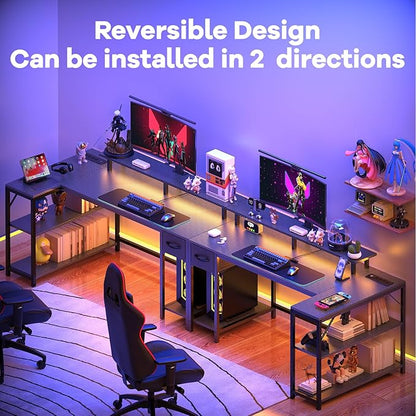 47 inch Gaming Desk with USB Charging Ports and LED Light, Reversible L Shaped Desk, L Shaped Desk with Hook & Monitor Stand, Computer Desk with Drawer and Shelves for Home Office Bedroom