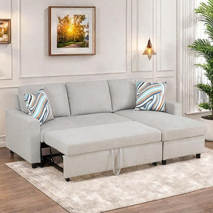 Sofa Bed Pull Out Couch, Convertible L Shaped Sleeper Sofa with Storage Chaise, Modern Lounge Small Sectional Couches for Living Room Small Spaces, Grey