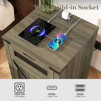 Farmhouse End Table Set of 2 with Charging Station, 26.4" Tall Rustic Nightstand with Drawer and X Barn Door, Country Bedside Sofa Side Table for Living Room, Grey