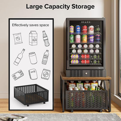 Urban Deco Mini Fridge Stand with Storage, Heavy Duty Fridge Cart with Drawer Basket, Mini Refrigerator Table for 220 LBS, Mobile Fridge Stand with Swivel Wheels for Dorm,Office,Home, Retro Brown