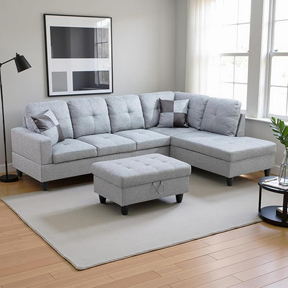 Couches for Living Room Modern L Shaped Couch Comfy Linen Fabric 3 Pieces Sectional Sofa with Chaise, Ottoman with Storage for Office and Small Apartment, Grey