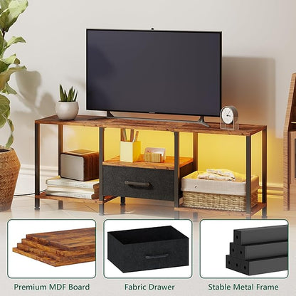 TV Stand with LED Lights, Entertainment Center with Open Shelves and Fabric Drawer, Media Console for 55 Inch TV, Television Stands, Living Room Furniture, Bedroom, Rustic Brown