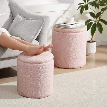 Boucle Round Ottoman with Storage Set of 2,Small Foot Stool Ottoman for Living Room, Small Coffee Table,Vanity Stool with Storage for Bedroom, Pink