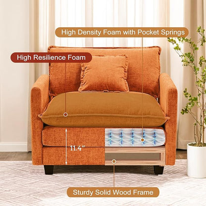 Furniliving Oversized Accent Chair with Ottoman, Luxury Chenille Single Sofa, Upholstered Deep Seat Chaise Lounge with Pillows for Living Room, Bedroom, Apartment, Orange