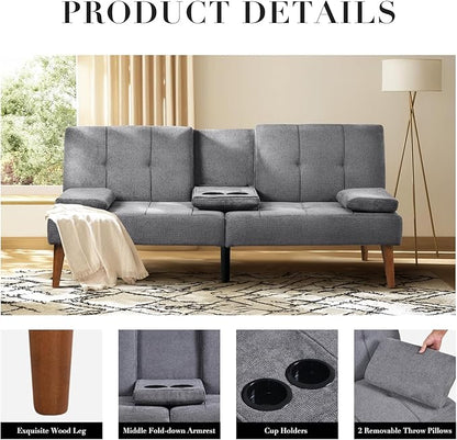 COLAMY Futon Sofa Bed-Fabric Small Couch, Small Lounge Convertible with 2 Cup Holders, Removable Soft Armrest, Adjustable Backrest for Dorm/Bedroom/College