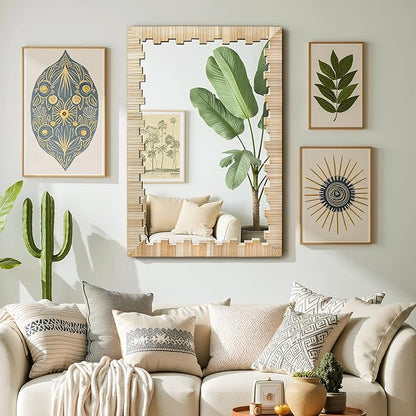 Boho Wall Mirror with Wood Frame, 30"x20" Faux Rattan Decorative Vanity Mirror for Bathroom, Living Room, Bedroom, Entryway(Rectangle)