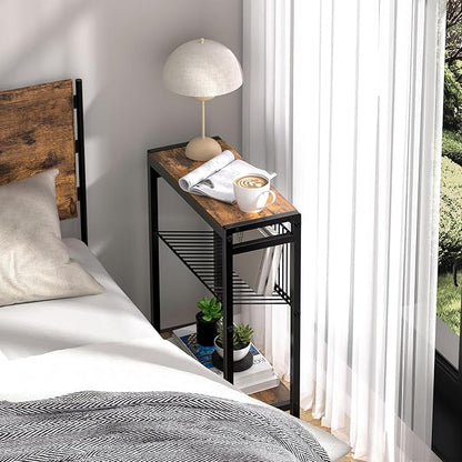 Small Side Table Set of 2 for Small Space, 3-Tier Narrow End Table with Magazine Holder, Slim Nightstand, Skinny Snack Couch Table in Living Room, Bedroom and Balcony (Rustic Brown &Black)