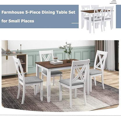 Ball & Cast 5-Piece Dining Table Set for 4,Kitchen Table Set W/ 44.5" Rectangle Table,Living Room Furniture W/ 4 X-Back Linen Upholstered Chairs,for Dining Room,Kitchen,Restaurant,Walnut+Light Beige