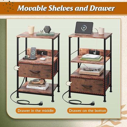 WLIVE Night Stand with Charger Station, LED Nightstand with Adjustable Fabric Drawer, 3-Tier Storage Bedside Table, Small End Side Tables for Bedroom, Rustic Brown