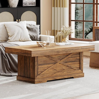 Coffee Table 39 in Rustic Center Table with X-Design Wooden Pedestal for Living Room, Space Saving, Easy Assembly Rectangle Home Office Tea Accent Table for Dining Room Apartment, Walnut