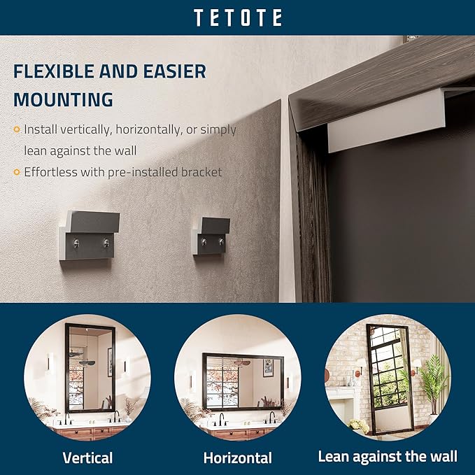 TETOTE 48 x 30 Black Wood Mirror for Bathroom Wall/Bedroom/Living Room/Entryway Farmhouse Rustic Wall Mirror Waterproof (Horizontal/Vertical Mounted)
