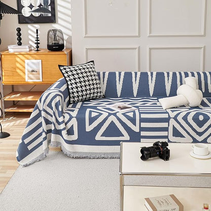 STACYPIK Boho Chenille Couch Cover, Blue Jacquard Sofa Cover for 3 Cushion Couch, Reversible Furniture Protector, Anti Slip Geometric Couch Covers for Sectional, Loveseat Cover Pet-Friendly-71X134IN