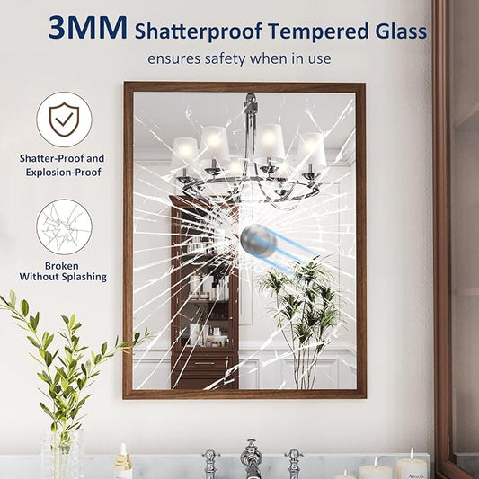 WEER Walnut Bathroom Mirror, Walnut Framed Mirror 22X30 Inch, Rectangle Wall Mounted Bathroom Vanity Mirror with Tempered Glass, Hangs Vertically or Horizontally, Anti-Rust