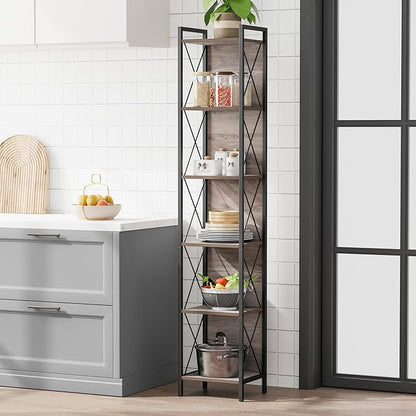 Homhedy 6 Tier Bookshelf Bookcase, Tall Narrow Bookshelf for Small Space, Metal Storage Shelves with Back Panel, for Home Office, Living Room, Kitchen, Bedroom, Industrial Style, Greige