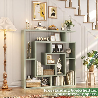 Armocity 6 Tier Display Book Shelf Wall Mounted Bookshelf Freestanding Geometric Bookcase Floating Book Shelves for Wall Bedroom Living Room Home Office, 45.5"(W) * 47"(H), Crab Green