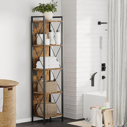Homhedy 5 Tier Bookshelf Bookcase, Tall Narrow Bookshelf for Small Space, Metal Storage Shelves with Back Panel, for Home Office, Living Room, Kitchen, Bedroom, Industrial Style, Rustic Brown