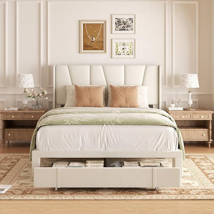 Queen Bed Frame with Storage Drawers, Upholstered Platform Bed with Headboard and Wingboard, No Box Spring Needed, Noise Free, Easy Assembly, Wooden Support Slats, Beige