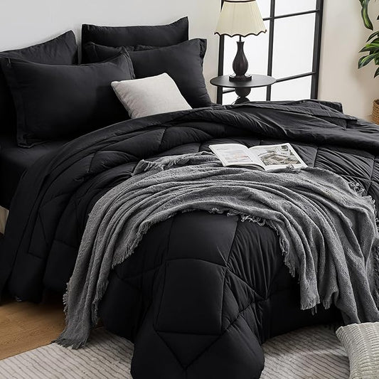 HEVUMYI Black Cali-King Comforter Set - 7-Piece All Season Bed in a Bag Cali-King, Ultra Soft Bedding Set with Comforter, Flat Sheet, Fitted Sheet, Pillowcases, Pillow Shams, Black