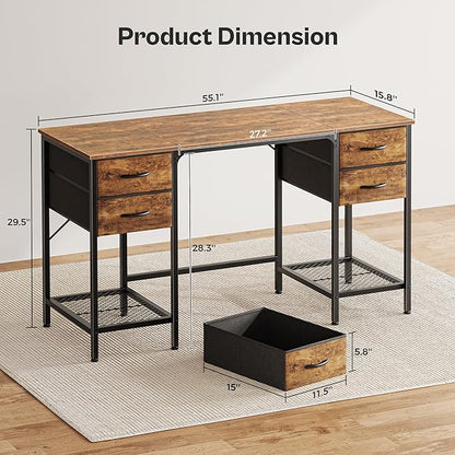 Huuger 55 Inch Computer Desk with 4 Drawers, Office Desk with Mesh Shelf, Gaming Desk, Large Storage, Writing Desk Work Desk for Home Office, Study, Bedroom, Work from Home, Rustic Brown
