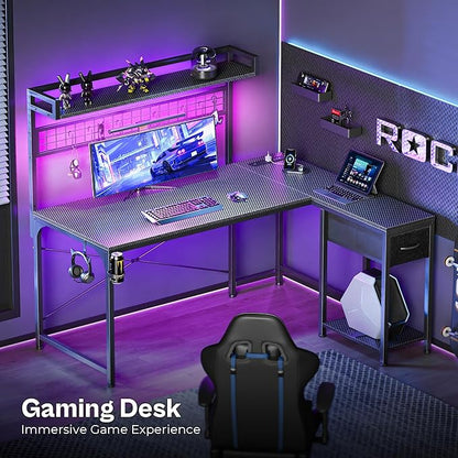 PRAISUN L Shaped Gaming Desk with Shelves, Corner Computer Table with LED Lights, Power Outlets and USB-C Ports, 50 Inch Home Office Desk with Storage Drawer, for Work and Study, Carbon Fiber Black