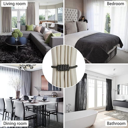 BEL AVENIR Magnetic Curtain Tiebacks, Decorative Drapery Holdbacks Modern Woven Tie-Backs with Exquisite Knot (Charcoal, 2 Pack)