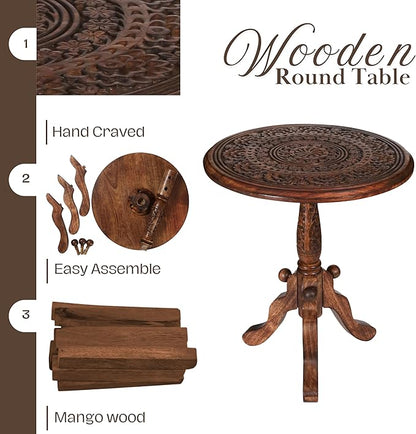 The Wooden Town Handcrafted Carved Round Side Table – 18x21 Inch Coffee Table for Living Room | Solid Wood Accent End Table with Pedestal Base | Altar Table for Home Décor
