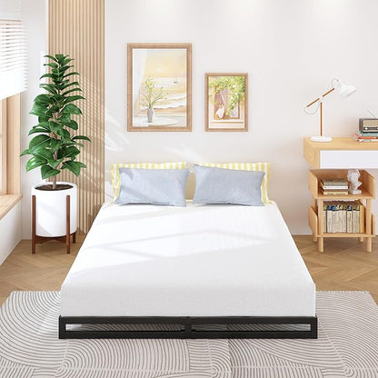 4 Inch Bed Frame Queen Size Heavy Duty Steel Slat Support Metal Platform Queen Bed Frame No Box Spring Needed, Easy Assembly, Black