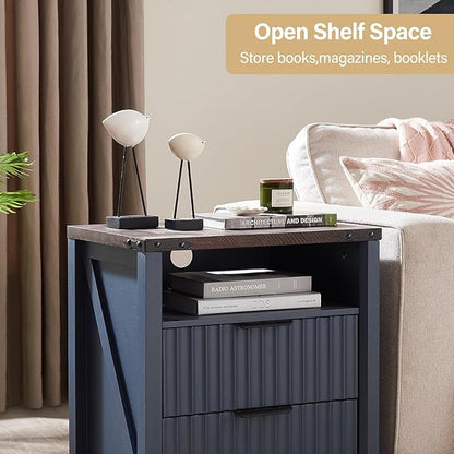 Navy Blue Nightstand with Charging Station Set of 2-20 Inch Wide Farmhouse Fluted Bedside Table with 2 Drawers, Modern Wood End Side Table for Bedroom Study Storage Home