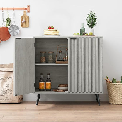 Smuxee Freestanding Fluted Sideboard, Grey Wash Buffet with Wood Storage, Adjustable Shelf for Living Room, Entryway, Hallway