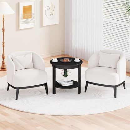 Small Round Wood Coffee Table with Storage Shelf, Living Room Side Table for Couch Sofa, 22 x 20 Inches, 3-Tier Mid Century Modern Wooden End Table for Bedroom, Black