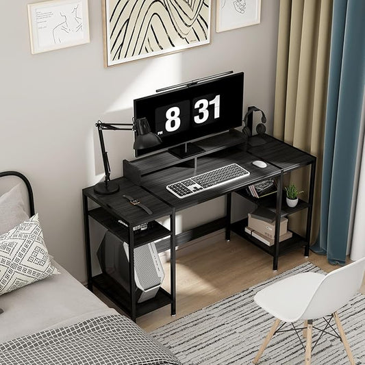 Computer Desk Gaming Desk with Monitor Stand, Home Office Desk Suitable for 2 Monitors, Writing Desk with Adjustable Storage Space,Sturdy and Durable Modern Small Desk (Black, 55 inchs)
