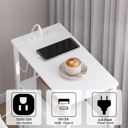 TUTOTAK Small Narrow LED End Table with Charging Station, Side Table Outlets, Nightstand with 2 Cloth Drawers, Set of 2, Couch Table, for Living Room, Bedroom, Bedside, White TB01BW056