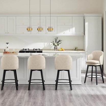 Counter Height Barstools 26 inch Upholstered Swivel Bar Stools with Back and Wood Legs for Kitchen Island,Set of 2,Beige PU Leather